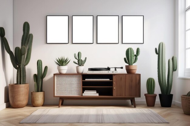 Retro-Dekoration des Wohnzimmers mit Design Kommode Coffee-Tisch Vinyl-Recorder Kaktus und Mock-up-Poster
