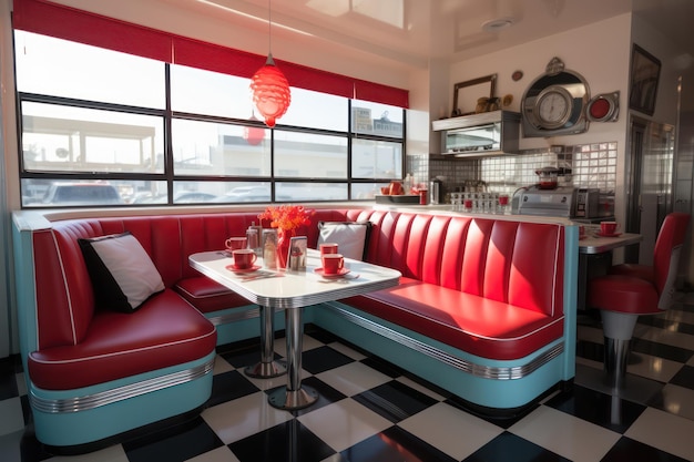 Retro-Diner-Schlafraum Schachbrettböden, Diner-inspirierte Elemente und nostalgische Akzente ar 32 v 52 Job-ID 1449c9e8e0a740a49ec6437d5e4c830d