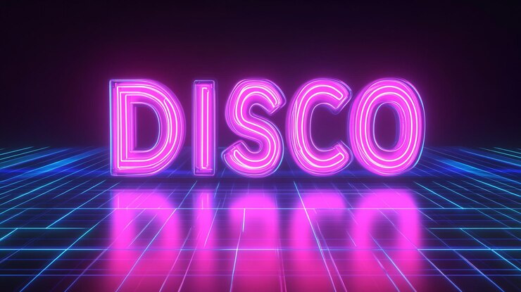 Foto retro disco neon sign estilo de los años 80 letras brillantes club nocturno fiesta música de baile sintonía
