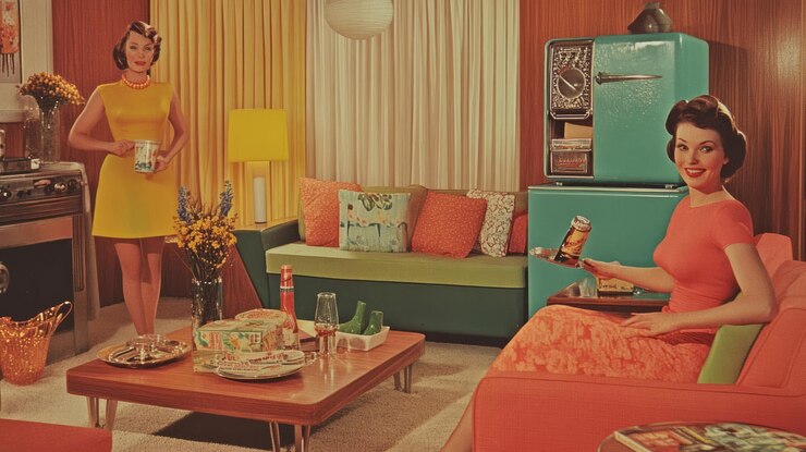 Foto retro explosão do passado anúncio de produtos domésticos dos anos 60 com cores e logos vibrantes