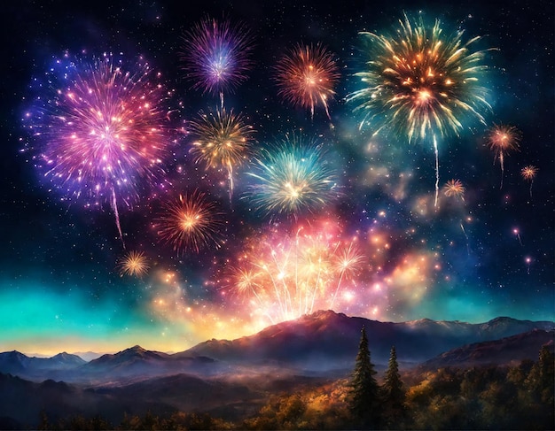 Retro fondo de fuegos artificiales de vacaciones con chispas estrellas de colores y nebulosa brillante en el universo negro del cielo nocturno belleza increíble colorida exhibición de fuegos artificiosos en la celebración que muestra fondos de vacaciones