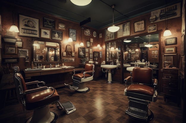 Retro-Friseursalon mit erfahrenen Friseuren und lebhaft plaudernden Kunden mit kreativem IA