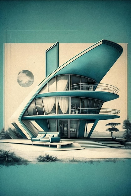 Retro futurista House Sketch and Blueprint ilustración dibujada a mano