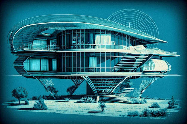 Retro futurista House Sketch and Blueprint ilustración dibujada a mano