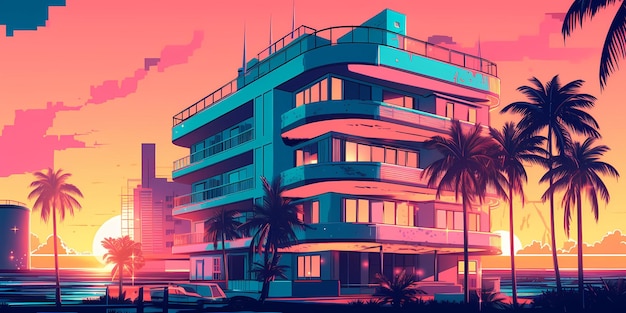 Retro futurista synthwave estilo retrowave paisaje urbano nocturno con puesta de sol en el fondo Portada o plantilla de banner para música de onda retro Ilustración de arte Generativo ai