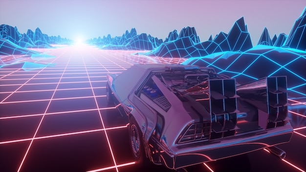 Retro futuristisches Auto im Stil der 1980er Jahre bewegt sich auf einer virtuellen Neonlandschaft