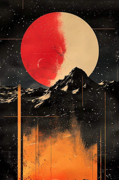 Retro-futuristisches Poster mit Planeten, grafischen Elementen, geometrischen Formen, abstraktem Tapetentwurf
