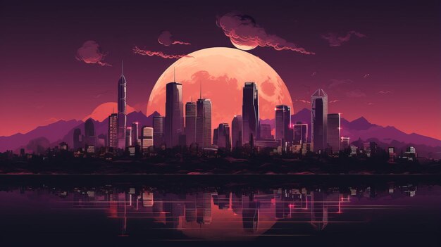 Retro-futuristisches Synthwave-Retrowave-Stil, nächtliches Stadtbild mit Sonnenuntergang auf Hintergrundbanner