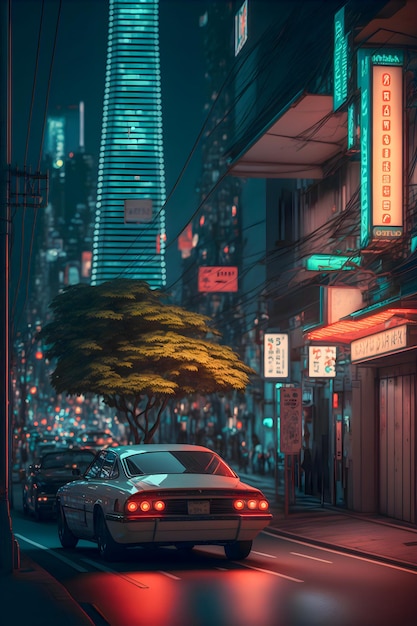 Retro futuristisches Tokio bei Nacht handgezeichnete Illustration