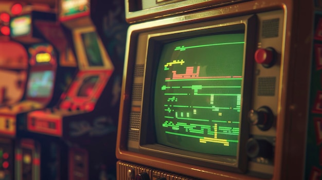 Retro Gaming Vibes CloseUp de los años ochenta inspirado en el videojuego de consola arcade en una pantalla de televisión antigua El reproductor anticipa un nuevo nivel a medida que se mueve la barra de progreso verde