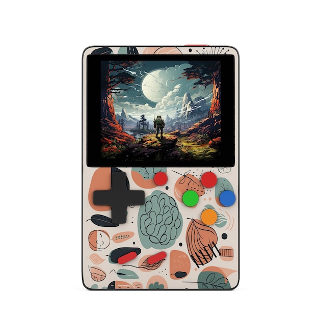 Retro Geek Gaming Gamepad con Videojuego abstracto en la pantalla sobre un fondo blanco 3D Rendering