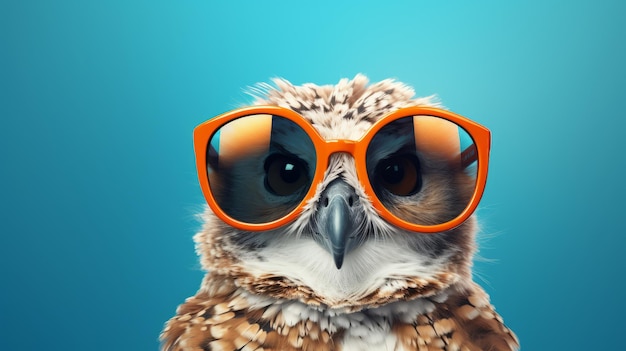 Retro Glamour Owl con gafas de sol sobre fondo azul.