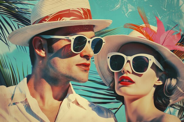 Retro hermosa pareja de turistas mujer y hombre con sombreros de paja en vacaciones de verano estilo collage