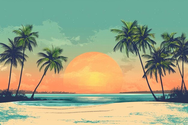 Retro-Illustration leuchtender tropischer Palmen auf der Insel