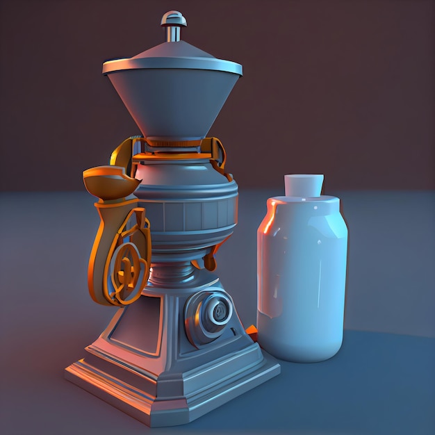 Retro-Kaffeemühle und Flasche Milch 3D-Rendering