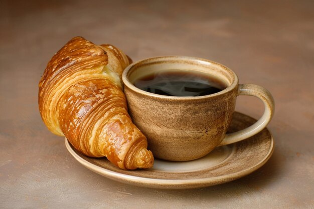 Retro-Kaffeetasse mit Croissant auf Vintage-Hintergrund