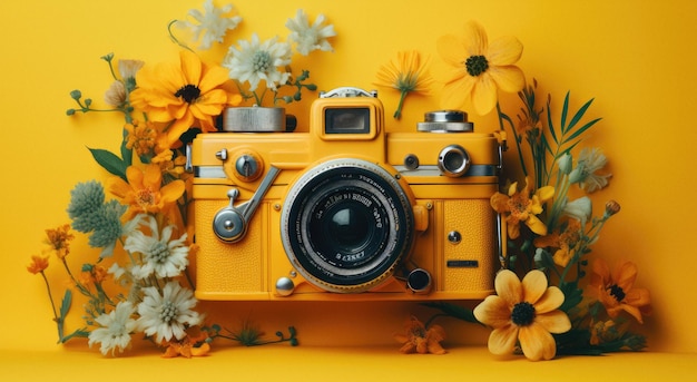 Retro-Kamera in gelben, leuchtenden Farben mit Blumen drumherum