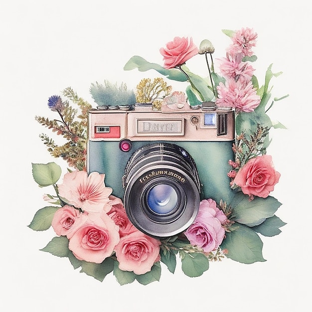 Retro-Kamera mit Blumen auf weißem Hintergrund Aquarell-Illustration