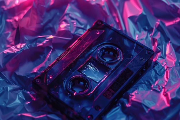 Retro-Kassette auf Neon-Hintergrund Vintage-Musik-Konzept