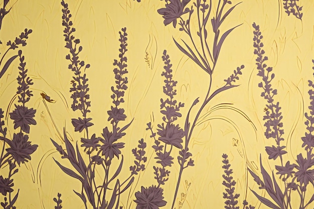 Retro-Lavendelblüten auf gelbem Hintergrund im Vintage-Stil