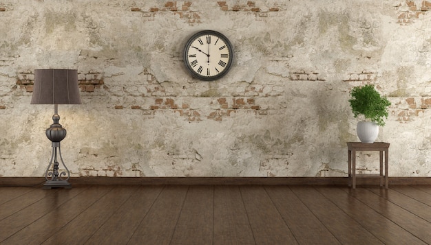 Retro leerer Raum mit alter Wand, Holzboden, Stehlampe und Vintage-Uhr - 3D-Rendering