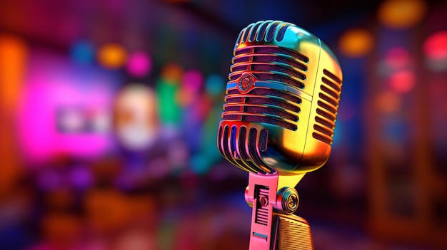 Retro-Mikrofon vor verschwommenem, farbenfrohem, hellem Restauranthintergrund. Generative KI