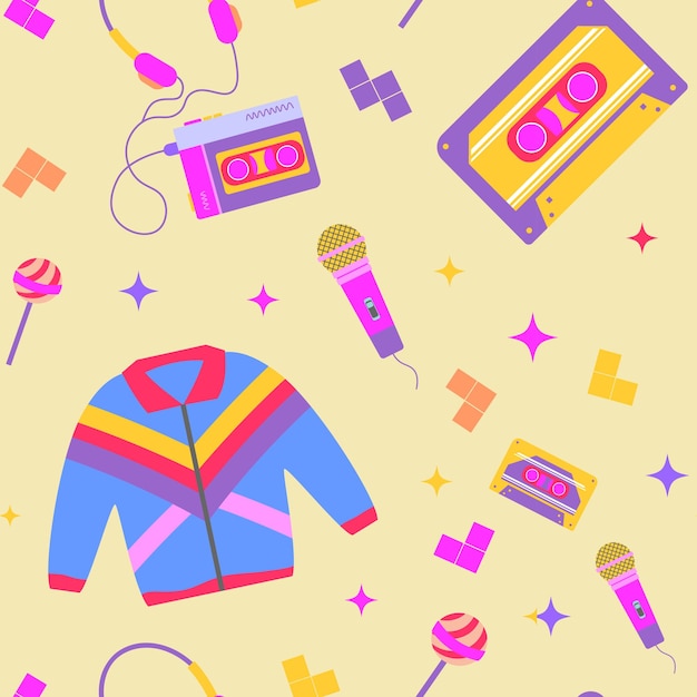 Retro nahtloses Muster aus den 90ern mit süßen, trendigen, hellen, mehrfarbigen Elementen Vektorillustration