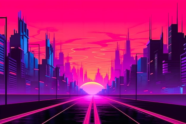 Retro Neon Sunset Art Synthwave-Stil mit Easy Overlook im Cyberpunk-Hintergrund