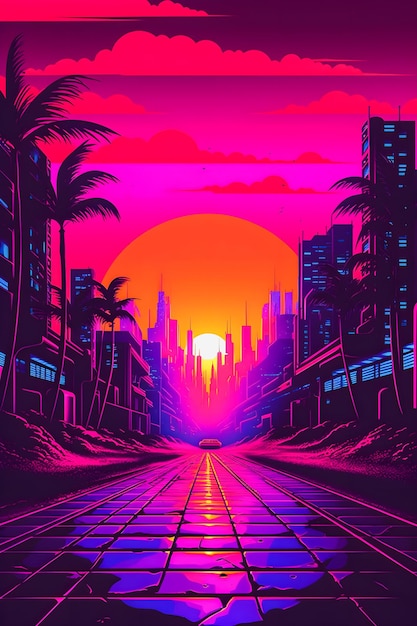 Foto retro neon sunset art synthwave style con easy overlook en cyberpunk background
