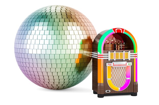 Retro-Party-Konzept Vintage-Jukebox mit Spiegel-Disco-Kugel 3D-Rendering