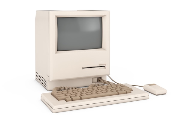 Retro-Personal-Computer. Die Systemeinheit, Monitor, Tastatur und Maus auf weißem Hintergrund. 3D-Rendering