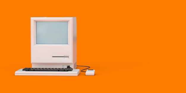 Retro-Personal-Computer. Systemeinheit, Monitor, Tastatur und Maus auf orangem Hintergrund. 3D-Rendering