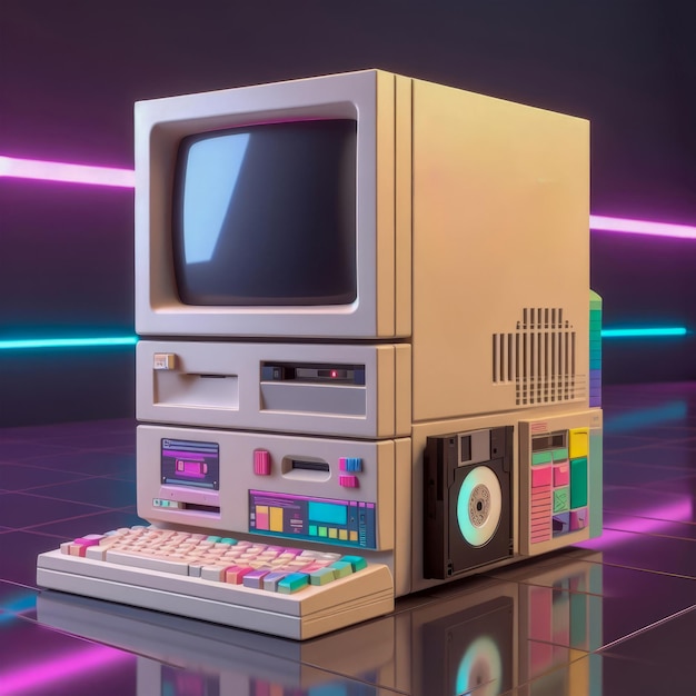 Retro-Personalcomputer im Neonlicht 3D-Rendering Computer-generiertes Bild