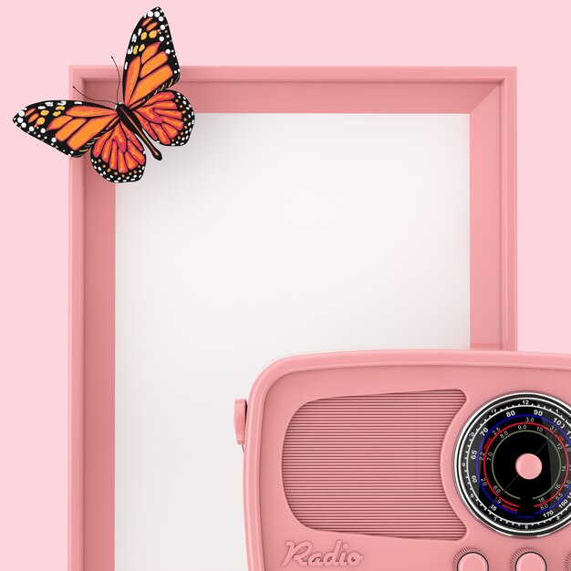 Retro Pink Radio delante de un marco de fotos rosa vacío con una mariposa sobre un fondo rosa. Representación 3D