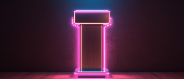 Foto retro-podium mit neonlichtern und einem flachen tisch. generative ki