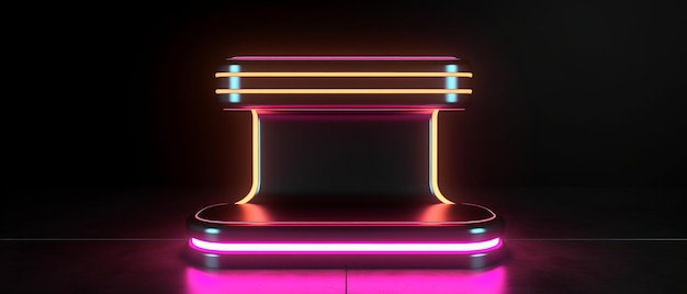 Retro-Podium mit Neonlichtern und einem flachen Tisch. Generative KI