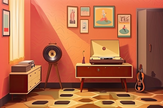 Retro-Raum mit Plattenspieler-Schallplatten und Vintage-Poster, erstellt mit generativer KI