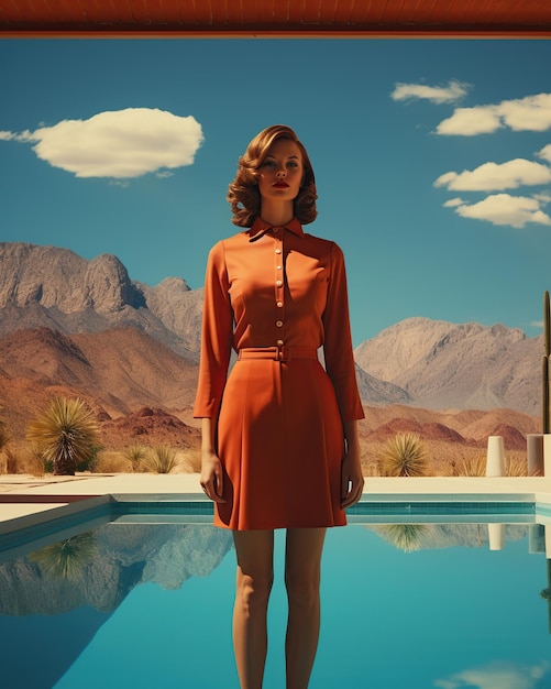 Foto retro retrato de uma mulher com um vestido laranja perto da piscina