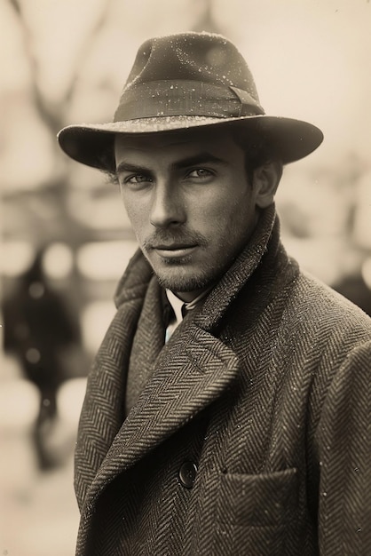 Retro retrato de joven hombre de moda caballero aristócrata con sombrero y abrigo en la calle de la ciudad Vintage escaneo histórico en blanco y negro de fotografía de película