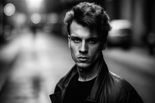 Retro retrato de moda de un joven elegante en chaqueta de cuero en la calle de la ciudad fotografía vintage en blanco y negro de la década de 1990