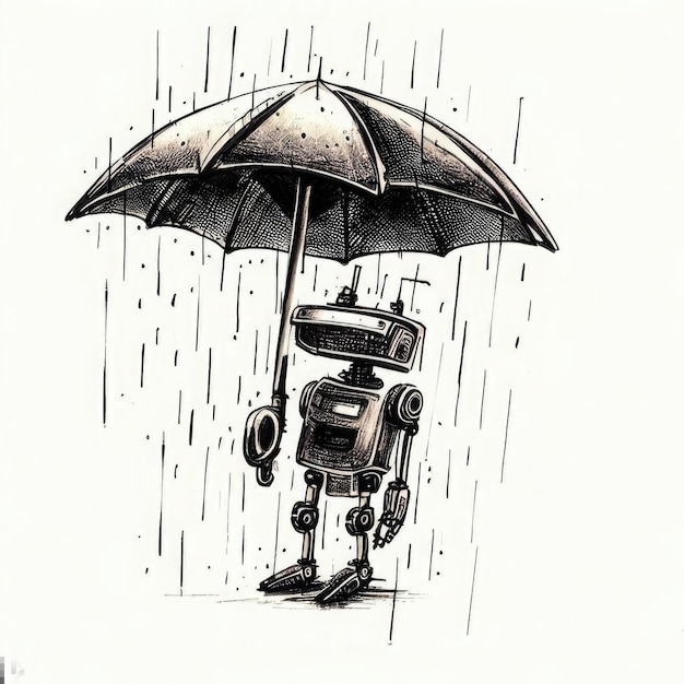 Foto retro-roboter mit regenschirm im regen. handgezeichnete illustration