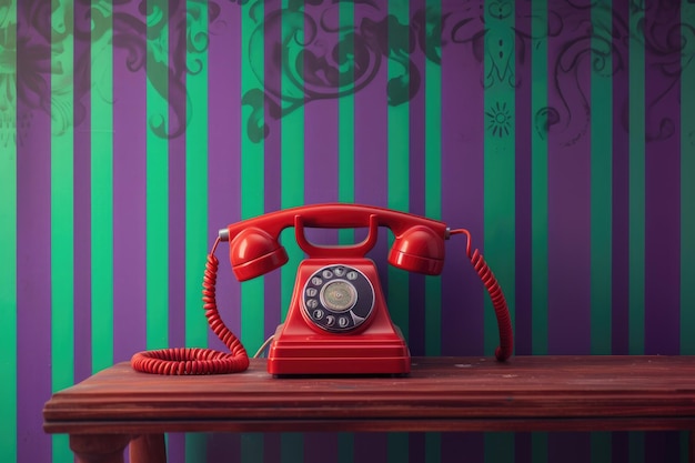 Retro-rotes Telefon auf einem Holztisch mit farbenfrohem Hintergrund