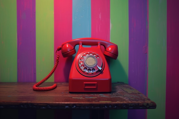 Retro-rotes Telefon auf einem Holztisch mit farbenfrohem Hintergrund