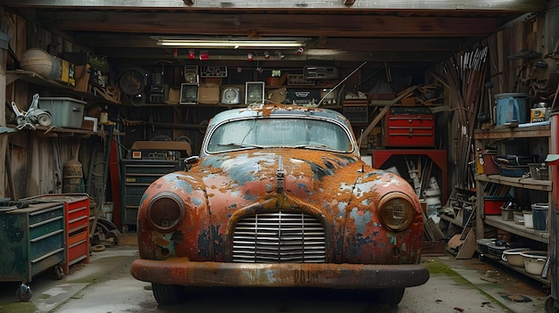 Retro Rusty Relic en un acogedor garaje Santuario concepto Restauración de automóviles antiguos Taller de garaje Automóviles clásicos Decoración rústica Restauración de hogares