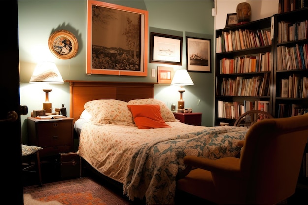 Retro-Schlafzimmer mit gemütlicher Leseecke und Vintage-Büchern