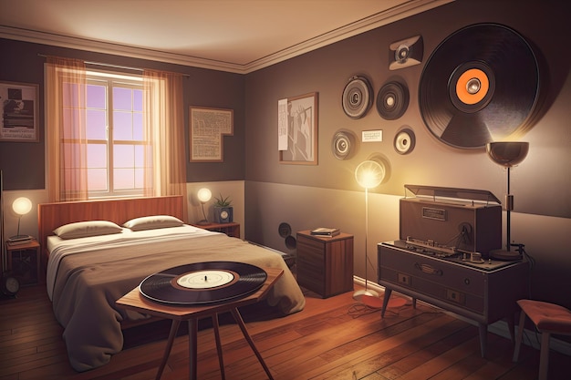 Retro-Schlafzimmer mit Vinyl-Plattenspieler, Vintage-Postern und cooler Beleuchtung