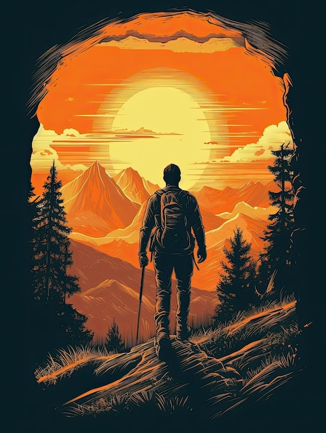 Retro-Sonnenuntergang-Bergwandern, extremes Abenteuer, Vintage-Druck für T-Shirts, generative KI