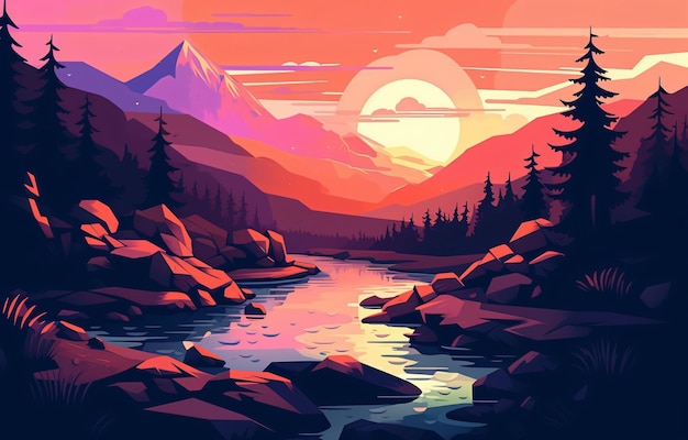 Retro-Sonnenuntergangslandschaft mit Bergsilhouetten und einem minimalistischen Fluss-Synthwave-Kunsthintergrund