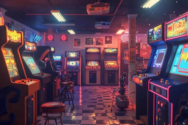 Retro-Spielzimmer mit Vintage-Arcade-Maschinen Oct