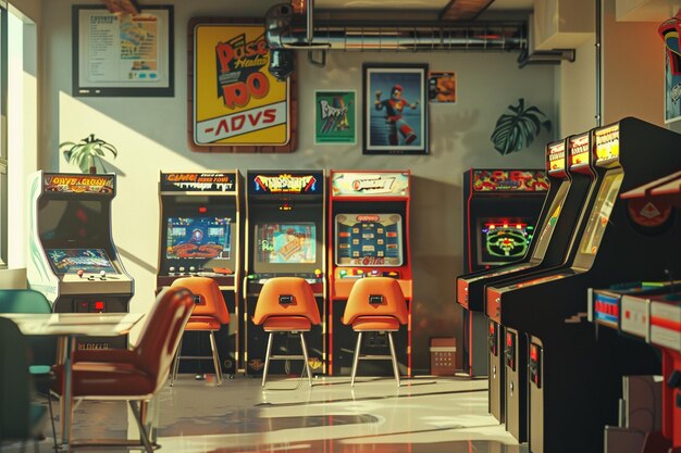 Retro-Spielzimmer mit Vintage-Arcade-Maschinen Oct